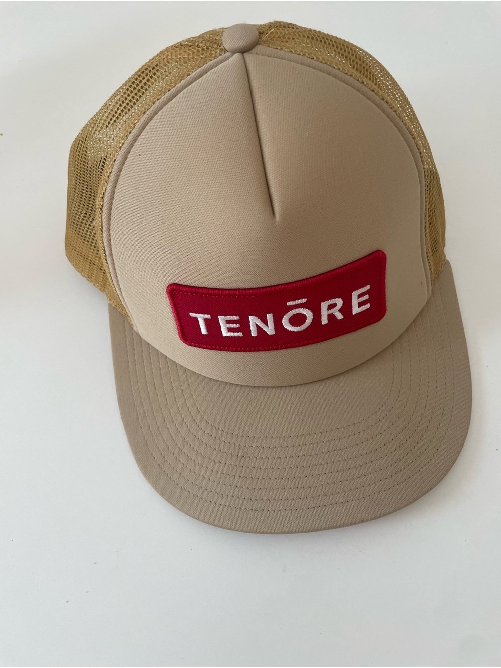 Tan Mesh Trucker Hat with Red Logo Patch